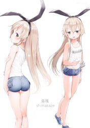 Rule 34 | 1girl, absurdres, alternate costume, ass, black hairband, blonde hair, blue footwear, blue shorts, brown eyes, casual, character name, commentary request, denim, denim shorts, dx (dekusu), flat chest, from behind, full body, hairband, highres, kantai collection, long hair, multiple views, shimakaze (kancolle), shirt, shoes, short shorts, shorts, simple background, sleeveless, sleeveless shirt, sneakers, tank top, white background, white shirt