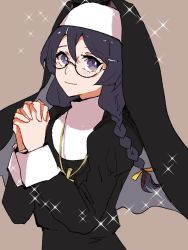 Rule 34 | 1girl, black hair, braid, brown background, cross, cross necklace, crucifix, glasses, habit, hanekawa tsubasa, highres, jewelry, looking at viewer, monogatari (series), necklace, nun, own hands clasped, own hands together, praying, purple eyes, simple background, solo, sparkle, traditional nun, twin braids, valhalla0707