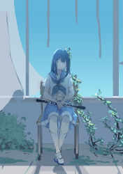 Rule 34 | 1girl, absurdres, blue background, blue hair, blue neckerchief, blue sailor collar, branch, chinese commentary, closed eyes, closed mouth, commentary request, curtains, facing viewer, flower, hibike! euphonium, highres, holding, holding instrument, instrument, kneehighs, leaf, lily (flower), liz to aoi tori, long hair, mixed-language commentary, neckerchief, sailor collar, school uniform, serafuku, shoes, short sleeves, sidelocks, sitting, sketch, socks, solo, white background, white footwear, white socks, ye zi you bei jiao ju ge, yoroizuka mizore