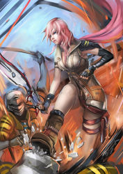 Rule 34 | 10s, 1girl, asymmetrical clothes, battle, blue eyes, boots, cape, elbow gloves, fighting, final fantasy, final fantasy xiii, fingerless gloves, gloves, helmet, kicking, leather, leather gloves, lightning farron, lipstick, long hair, makeup, narongchai singhapand, pink hair, pink lips, readman, short shorts, shorts, shoulder pads, solo, stepped on, sword, thigh strap, trample, turtleneck, weapon
