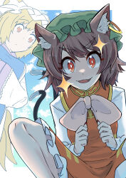 Rule 34 | 2girls, absurdres, animal ear fluff, animal ears, blonde hair, blush, brown eyes, brown hair, cat ears, cat tail, chen, closed mouth, dress, earrings, fang, fingernails, fox ears, fox tail, green headwear, hands in opposite sleeves, hat, highres, jewelry, long fingernails, long sleeves, looking at viewer, mob cap, multiple girls, multiple tails, nail polish, open mouth, red dress, red eyes, red nails, sharp fingernails, short hair, single earring, smile, tabard, tail, touhou, two tails, white dress, white headwear, yakumo ran, yet you
