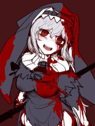 Rule 34 | 1girl, arknights, blood, blood on face, blush, breasts, capelet, habit, highres, hourai kochou, long hair, nun, open mouth, red eyes, silver hair, solo, specter (arknights), torn clothes, turtleneck