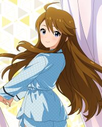 Rule 34 | 1girl, blue eyes, brown hair, card (medium), idolmaster, idolmaster million live!, idolmaster million live! theater days, official art, pajamas, smile, solo, tokoro megumi