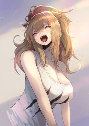 Rule 34 | 1girl, absurdres, animal ears, arknights, bare arms, bare shoulders, blush, breasts, brown eyes, brown hair, cleavage, commentary, hair between eyes, head tilt, highres, huge filesize, large breasts, lion ears, long hair, looking at viewer, ohako (ohako1818), one eye closed, open mouth, siege (arknights), solo, tank top, upper body, white tank top, yawning