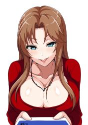 Rule 34 | 1girl, :d, blue eyes, breasts, brown hair, cleavage, idolmaster, idolmaster cinderella girls, jewelry, large breasts, long hair, looking at viewer, matsumoto sarina, necklace, open mouth, simple background, smile, solo, tawashi1623, white background