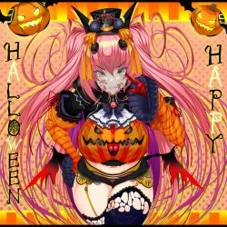 Rule 34 | 1girl, ascot, black hat, breasts, cropped legs, crossed legs, facial tattoo, fang, green eyes, gundam, halloween, happy halloween, haro, hat, highres, ill (0022), jack-o&#039;-lantern, large breasts, long hair, looking at viewer, mini hat, original, personification, pointing, pointing at viewer, smirk, solo, tattoo, thick thighs, thighhighs, thighs, twintails, v-shaped eyebrows, very long hair, white ascot