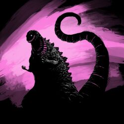 Rule 34 | black background, black eyes, claws, commentary, dan dagouglas, english commentary, full body, godzilla, godzilla (series), godzilla (shin), high contrast, highres, kaijuu, limited palette, looking at viewer, monster, no humans, pink background, sharp teeth, shin godzilla, solo, spines, standing, tail mouth, teeth, toho