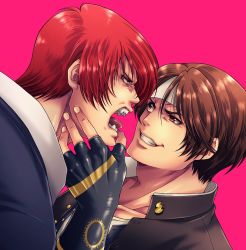 Rule 34 | 2boys, fingerless gloves, gloves, hand on another&#039;s face, headband, highres, kusanagi kyou, male focus, miru (mill 36), multiple boys, open mouth, red hair, school uniform, sharp teeth, short hair, smirk, teeth, the king of fighters, tongue, tongue out, yagami iori