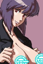 Rule 34 | 1girl, breasts, censored, ghost in the shell, ghost in the shell stand alone complex, jacket, kusanagi motoko, large breasts, laughing man (gits), looking at viewer, lowres, censored nipples, oekaki, open clothes, open jacket, portrait, purple background, purple hair, rakugaki, red eyes, short hair, simple background, smile, solo, upper body