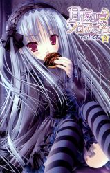 Rule 34 | 1girl, absurdres, blue hair, bow, doughnut, eating, food, gothic lolita, highres, lace, lolita fashion, long hair, purple eyes, ribbon, solo, striped clothes, striped thighhighs, thighhighs, tinker bell (pixiv 10956015), tsukiyo no fromage, very long hair