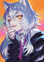 Rule 34 | 1girl, animal ear fluff, animal ears, earrings, fangs, grey hair, hair between eyes, highres, jewelry, licking lips, long hair, looking at viewer, morikura en, multicolored hair, necktie, original, school uniform, shirt, solo, tail, tongue, tongue out, torn clothes, two-tone hair, upper body, white hair, white shirt, yellow eyes