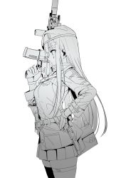 Rule 34 | 1girl, absurdres, assault rifle, bag, beret, blunt bangs, breasts, dickbomber, facial mark, from side, girls&#039; frontline, gloves, green eyes, greyscale, gun, h&amp;k hk416, hair ornament, hand on own hip, hat, highres, hk416 (girls&#039; frontline), holding, holding gun, holding weapon, jacket, large breasts, long hair, monochrome, parted lips, pleated skirt, profile, rifle, sidelocks, simple background, skirt, solo, spot color, teardrop, thighhighs, weapon