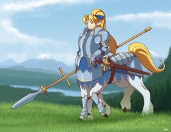 Rule 34 | armor, blazbaros, blonde hair, blue eyes, centaur, centaur knight, polearm, ponytail, spear, sword, taur, unicorn, weapon