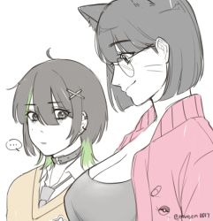 Rule 34 | ..., 2girls, ahoge, animal ears, belt collar, breasts, cat ears, cleavage, closed mouth, collar, commentary, english commentary, facial mark, girl staring at guy&#039;s chest (meme), glasses, green hair, grey necktie, hair ornament, hairclip, highres, jacket, large breasts, looking at viewer, meme, mole, mole under eye, mugen0017, multiple girls, necktie, open clothes, open jacket, pale color, parted lips, pink jacket, round eyewear, signature, simple background, smile, spoken ellipsis, sweater, twitter username, virtual youtuber, whisker markings, white background, x hair ornament