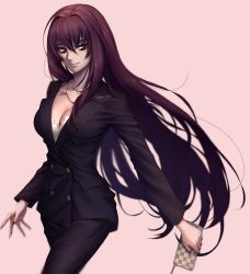 Rule 34 | 1girl, breasts, business suit, cleavage, collarbone, earrings, fate/grand order, fate (series), formal, highres, jewelry, kgsr22, long hair, looking at viewer, nail polish, necktie, office lady, pants, red eyes, scathach (fate), shirt, solo, suit, very long hair, wallet