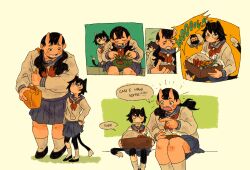Rule 34 | 2girls, alternate universe, bento, black hair, cat girl, closed eyes, collage, cutystuffy, dungeon meshi, english text, fatherly, height difference, horns, inutade, izutsumi, long hair, lunchbox, monster girl, multiple girls, official alternate costume, oni, rice, school uniform, senshi (dungeon meshi), sharing food, sitting, skin-covered horns, spoken character, twintails, u u