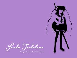 Rule 34 | 1girl, character name, copyright name, hand on own hip, highres, long hair, purple background, school uniform, simple background, solo, standing, sword, tachibana serebu, tsuyokiss, weapon