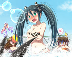 Rule 34 | 10s, 3girls, alternate costume, anger vein, animal print, ashigara (kancolle), bikini, black hair, blush, breast hold, breasts, brown hair, covering privates, covering breasts, cow print, day, double bun, green eyes, isuzu (kancolle), kadokawa shoten, kantai collection, long hair, looking at viewer, midriff, multiple girls, na! (na&#039;mr), naka (kancolle), navel, outdoors, partially translated, pool, shaded face, shimakaze (kancolle), short hair, swimsuit, text focus, translation request, twintails, wardrobe malfunction, wavy hair