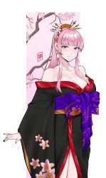 Rule 34 | 1girl, absurdres, alternate costume, bare shoulders, black kimono, black nails, bow, breasts, cherry blossoms, cleavage, collarbone, comb, damobelmont, flower, hair flower, hair ornament, hair stick, hanami, highres, hololive, hololive english, japanese clothes, kimono, large breasts, long hair, long sleeves, looking at viewer, mori calliope, nail polish, obi, off shoulder, pink eyes, pink hair, ponytail, purple bow, sash, sidelocks, smile, solo, standing, very long hair, virtual youtuber, wide sleeves