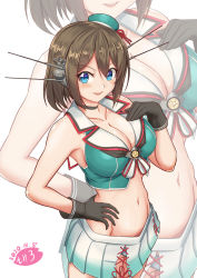 Rule 34 | 1girl, artist logo, beret, black gloves, blue eyes, breasts, brown hair, cleavage, commentary request, cowboy shot, dated, gloves, green eyes, hair ornament, hairclip, hand on own chest, hand on own hip, hat, hat ribbon, headgear, kantai collection, large breasts, looking at viewer, maya (kancolle), maya kai ni (kancolle), midriff, mini hat, moke ro, navel, pleated skirt, red ribbon, ribbon, school uniform, serafuku, short hair, simple background, skirt, sleeveless, solo, white background, x hair ornament, zoom layer