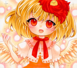 Rule 34 | 1girl, :d, animal, animal on head, bird, bird girl, bird on head, bird wings, blonde hair, blush, capelet, chicken, feathered wings, frilled capelet, frilled sleeves, frills, highres, looking at viewer, marker (medium), medium hair, multicolored hair, niwatari kutaka, on head, open mouth, pink capelet, puffy short sleeves, puffy sleeves, red eyes, red hair, short sleeves, simple background, smile, touhou, traditional media, two-tone hair, wings, yuuki hana (jtnp5334)
