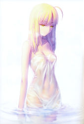 Rule 34 | 1girl, absurdres, ahoge, artoria pendragon (all), artoria pendragon (fate), blonde hair, breasts, cleavage, dress, fate/stay night, fate (series), green eyes, hair down, highres, long hair, saber (fate), saber alter, scan, see-through, small breasts, solo, takeuchi takashi, type-moon, wading, water, wet, wet clothes, white background, yellow eyes