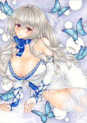Rule 34 | 1girl, azur lane, bare shoulders, blue butterfly, blue scarf, breasts, bug, butterfly, cleavage, cross, cross earrings, dress, earrings, elbow gloves, evening gown, fingerless gloves, gloves, grey hair, highres, insect, jewelry, large breasts, looking at viewer, marker (medium), mikeko (user zntg7852), no bra, no panties, red eyes, saint-louis (azur lane), saint-louis (holy knight&#039;s resplendence) (azur lane), saint-louis (holy knight&#039;s resplendence) (azur lane), scarf, sleeveless, sleeveless dress, solo, thighhighs, traditional media, white dress, white gloves, white thighhighs