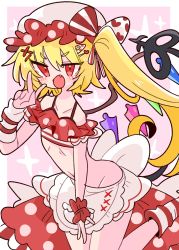 Rule 34 | 1girl, apron, bare hips, bare shoulders, blonde hair, blush, bow, collarbone, commentary, crystal, crystal wings, fang, flandre scarlet, frilled hat, frills, hair between eyes, hair ornament, hair ribbon, hairclip, hat, heart, heart hair ornament, heart ribbon, highres, internet survivor, laevatein (touhou), mob cap, navel, op na yarou, open mouth, pink background, pink hat, polka dot, polka dot bow, red eyes, red ribbon, ribbon, ribs, short hair, side ponytail, skirt, solo, star (symbol), touhou, v, white ribbon, wings