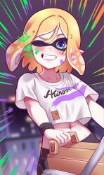 Rule 34 | ;d, aki rosenthal, ar-khey, black pants, blonde hair, blush, breasts, commentary, crop top, crop top overhang, cropped shirt, domino mask, emphasis lines, english commentary, grin, highres, hololive, inkling, mask, medium breasts, midriff, navel, nintendo, one eye closed, open mouth, pants, parted bangs, shirt, short hair, short sleeves, smile, splatoon (series), t-shirt, virtual youtuber, white shirt