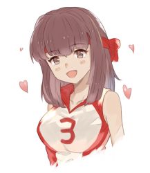 Rule 34 | 1girl, :d, arutoria (187497382), brown eyes, brown hair, commentary, cropped arms, cropped torso, girls und panzer, headband, heart, kondou taeko, looking at viewer, medium hair, open mouth, red headband, red shirt, shirt, simple background, sleeveless, sleeveless shirt, smile, solo, sportswear, upper body, volleyball uniform, white background