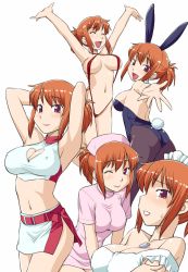 Rule 34 | 1girl, animal ears, armpits, arms behind head, arms up, ass, bad id, bad pixiv id, blush, breasts, brown hair, character sheet, cleavage, cleavage cutout, clothing cutout, covered erect nipples, fake animal ears, futaba channel, heart, heart cutout, hinemosu notari, hkudoi, kudoi, large breasts, leotard, maid, miniskirt, navel, nijiura maids, nurse, o/, one eye closed, outstretched arms, pantyhose, playboy bunny, ponytail, pretzel bikini, purple eyes, rabbit ears, rabbit tail, race queen, skirt, slingshot swimsuit, sweatdrop, swimsuit, tail, wink