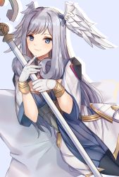 Rule 34 | 1girl, blue eyes, closed mouth, edamameoka, gloves, grey hair, head wings, highres, long hair, melia antiqua, o-ring, smile, solo, staff, very long hair, white gloves, white wings, wings, xenoblade chronicles (series), xenoblade chronicles 1, xenoblade chronicles 3