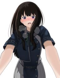 Rule 34 | 1girl, absurdres, akaneiro (akane color35), aroused, black hair, blue jacket, blush, breath, commentary request, female pov, foreshortening, green ribbon, hair between eyes, heart, heart-shaped pupils, heavy breathing, highres, inoue takina, jacket, long hair, looking at viewer, looking down, lovestruck, lycoris recoil, lycoris uniform, neck ribbon, nose blush, open mouth, pov, purple eyes, ribbon, short sleeves, simple background, solo, straight hair, symbol-shaped pupils, teeth, upper teeth only, v-shaped eyebrows, white background