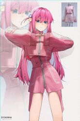 Rule 34 | 1girl, blue eyes, bocchi the rock!, commentary, cube hair ornament, gotoh hitori, hair between eyes, hair ornament, jacket, long hair, lufi ays, one side up, pants, pink hair, pink jacket, pink pants, pink track suit, reference inset, solo, track jacket