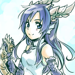 Rule 34 | 1girl, black hair, blue dress, blue eyes, brass knuckles, china dress, chinese clothes, dragon girl, dragon horns, dress, fins, gradient background, head fins, horns, ishiyumi, karin (p&amp;d), long hair, looking at viewer, puzzle &amp; dragons, scales, smile, solo, spikes, upper body, weapon