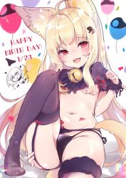 Rule 34 | 1girl, ahoge, animal ears, balloon, bell, black footwear, black panties, blonde hair, blush, borrowed character, cat ears, cat girl, cat tail, collar, commentary request, fang, flat chest, fox ears, fox girl, fox tail, frilled shawl, frills, garter belt, garter straps, hair ornament, hairclip, happy birthday, heart, heart-shaped pupils, highres, jingle bell, leg up, long hair, navel, neck bell, open mouth, original, panties, paw pose, red eyes, red ribbon, ribbon, shawl, side-tie panties, sidelocks, simple background, sitting, smile, solo, solo focus, symbol-shaped pupils, tail, thighhighs, translation request, underwear, very long hair, white background, yukimiya yuge