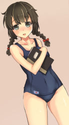 Rule 34 | 10s, 1girl, black eyes, black hair, book, braid, highres, isonami (kancolle), kantai collection, kogetsu azami, long hair, one-piece swimsuit, open mouth, ribbon, school swimsuit, sidelocks, simple background, smile, solo, swimsuit, twin braids