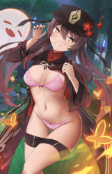 Rule 34 | 1girl, black hat, boo tao (genshin impact), bra, breasts, brown shorts, bug, butterfly, claw pose, clothes pull, crop top, feet out of frame, flower, genshin impact, grin, groin, hair between eyes, hands up, hat, highres, hu tao (genshin impact), insect, long sleeves, looking at viewer, medium breasts, navel, panties, pink bra, pink panties, plum blossoms, porkpie hat, red flower, short shorts, shorts, shorts pull, sidelocks, smile, solo, stomach, thighs, twintails, underwear, zuikillme