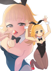 Rule 34 | 1girl, animal ears, armpits, arms up, bare shoulders, black hairband, black leotard, black pantyhose, blonde hair, breasts, brown eyes, cleavage, close-up, collarbone, detached collar, fake animal ears, fake tail, food, food between breasts, food in mouth, from above, fruit, full body, hairband, higashiyama seika, highleg, highleg leotard, highres, ice cream, ice cream cone, index finger raised, kneeling, leotard, lips, long hair, looking at viewer, medium breasts, multiple views, pantyhose, pink lips, playboy bunny, pointing, pointing at self, precure, rabbit ears, rabbit tail, red footwear, sexually suggestive, shoes, simple background, smile, strapless, strapless leotard, strawberry, suite precure, tail, tongue, tongue out, ukokkei, upper body, wavy hair, white background, wrist cuffs, zoom layer
