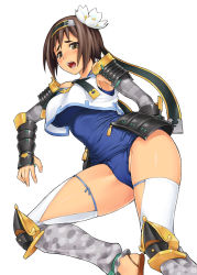 Rule 34 | 1girl, armor, bang-you, blue one-piece swimsuit, blush, breasts, brown eyes, brown hair, crop top, crop top overhang, detached sleeves, faulds, flower, greaves, hair flower, hair ornament, headband, highres, one-piece swimsuit, open mouth, oshiro project:re, school swimsuit, short hair, solo, swimsuit, thighhighs, tsuruga (oshiro project), vambraces, white background, white thighhighs