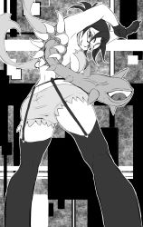 Rule 34 | 1girl, arms up, black hair, cowboy shot, extra eyes, extra mouth, folded ponytail, from behind, garter belt, garter straps, glasses, gloves, greyscale, highres, looking at viewer, looking back, looking down, monochrome, parted lips, semi-rimless eyewear, sharp teeth, skullgirls, smile, solo, teeth, thighhighs, ungly, venus (skullgirls)