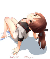 Rule 34 | 1girl, arched back, barefoot, black sailor collar, brown eyes, brown hair, dated, kantai collection, looking at viewer, no pants, one-hour drawing challenge, ponytail, ray.s, sailor collar, sailor shirt, shikinami (kancolle), shikinami kai ni (kancolle), shirt, short hair, simple background, sitting, solo, twitter username, white background, white shirt