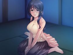 Rule 34 | 1girl, barefoot, blue eyes, blush, breasts, feet, full body, herencia, hitotsumami: relaxation series, indoors, large breasts, legs, long hair, long skirt, long sleeves, looking at viewer, night, original, own hands together, parted lips, purple hair, sitting, skirt, smile, solo, spread legs, tatami, thighs, toes, yatsuha kanan