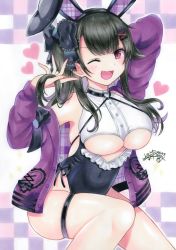 Rule 34 | 1girl, absurdres, animal ears, azur lane, black hair, breasts, clothing cutout, curvy, fake animal ears, highres, jacket, long hair, looking at viewer, one eye closed, open clothes, open jacket, open mouth, pamiat merkuria (azur lane), purple eyes, purple jacket, rabbit ears, solo, thigh strap, traditional media, underboob, underboob cutout, whipberry
