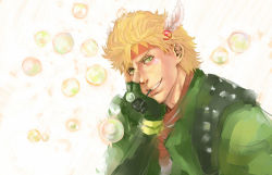 Rule 34 | 1boy, bad id, bad pixiv id, battle tendency, blonde hair, bubble, blowing bubbles, caesar anthonio zeppeli, facial mark, feather hair ornament, feathers, fingerless gloves, gloves, green eyes, green jacket, feather hair ornament, hand on own face, head rest, jacket, jojo no kimyou na bouken, looking at viewer, male focus, smoking pipe, ribbon, scarf, solo, youbitch