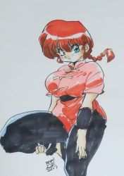 Rule 34 | 1girl, 2022, blue eyes, blush, braid, breasts, chinese clothes, dated, genderswap, genderswap (mtf), highres, large breasts, looking at viewer, nekoyashiro, pants, ranma-chan, ranma 1/2, red hair, saotome ranma, simple background, single braid, smile, solo, stretching, tangzhuang, traditional media, white background, wide hips