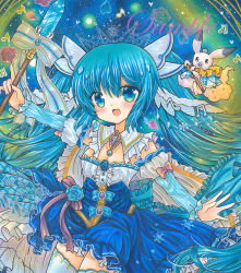 Rule 34 | 1girl, :d, back bow, beamed eighth notes, beamed sixteenth notes, blue background, blue bow, blue brooch, blue dress, blue eyes, blue hair, blue theme, blush, bow, cowboy shot, detached collar, detached sleeves, dress, eighth note, flower, frilled bow, frilled dress, frilled sleeves, frills, hair between eyes, hatsune miku, holding, holding polearm, holding weapon, long hair, looking at viewer, marker (medium), musical note, open mouth, petals, polearm, rabbit yukine, red flower, red rose, rose, rose petals, rui (sugar3), sample watermark, smile, solo, striped sleeves, thighhighs, traditional media, vocaloid, watermark, weapon, white thighhighs, yuki miku, yuki miku (2019), zettai ryouiki