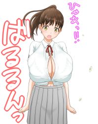 Rule 34 | 1girl, blush, breast expansion, breasts, brown hair, bursting breasts, highres, huge breasts, kibino ido, long hair, open mouth, ponytail, popped button, school uniform, skindentation, solo, straining buttons, uniform, upper body, yellow eyes