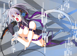 Rule 34 | 1girl, bad id, bad pixiv id, breasts, cleavage, female focus, gloves, headphones, large breasts, long hair, microphone, music, necktie, open mouth, pinky out, ponytail, purple eyes, shingo., silver hair, singing, solo, very long hair, vocaloid, yowane haku