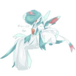 Rule 34 | 1girl, alternate color, alternate shiny pokemon, arm at side, artist name, bob cut, bow, bowtie, closed eyes, closed mouth, colored skin, creatures (company), ear bow, female focus, flat chest, game freak, gardevoir, gen 3 pokemon, gen 6 pokemon, green bow, green bowtie, green hair, green skin, hair over one eye, hand on lap, highres, inyo 124, looking at another, multicolored skin, nintendo, nuzzle, one eye covered, pokemon, pokemon (creature), profile, red eyes, ribbon, short hair, signature, simple background, sitting, sketch, sylveon, traditional bowtie, twitter username, two-tone skin, white background, white ribbon, white skin